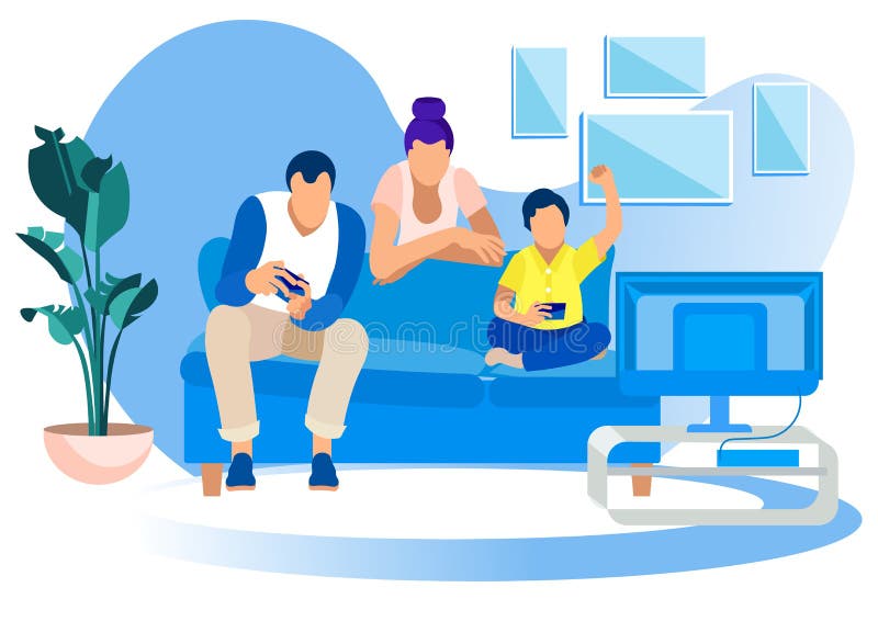 Game Party at Home,Family Fun. Father, Mother, Little Son Sitting on Couch Playing Video Games Competition, Virtual Reality, Weekend Spare Time, Leisure, Gaming Hobby. Cartoon Flat Vector Illustration. Game Party at Home,Family Fun. Father, Mother, Little Son Sitting on Couch Playing Video Games Competition, Virtual Reality, Weekend Spare Time, Leisure, Gaming Hobby. Cartoon Flat Vector Illustration