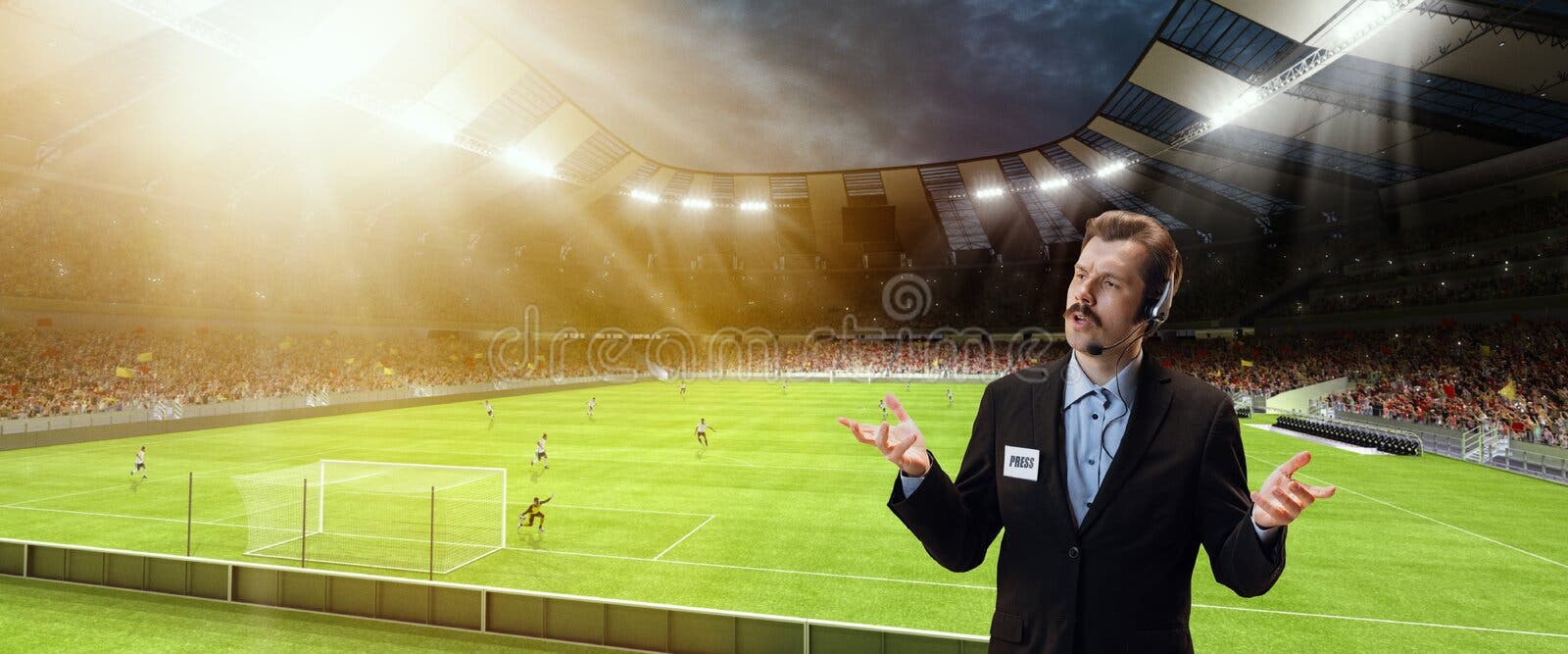 Proud man, professional sport commentator having online TV stream,  broadcasting football match isolated over stadium background Stock Photo -  Alamy