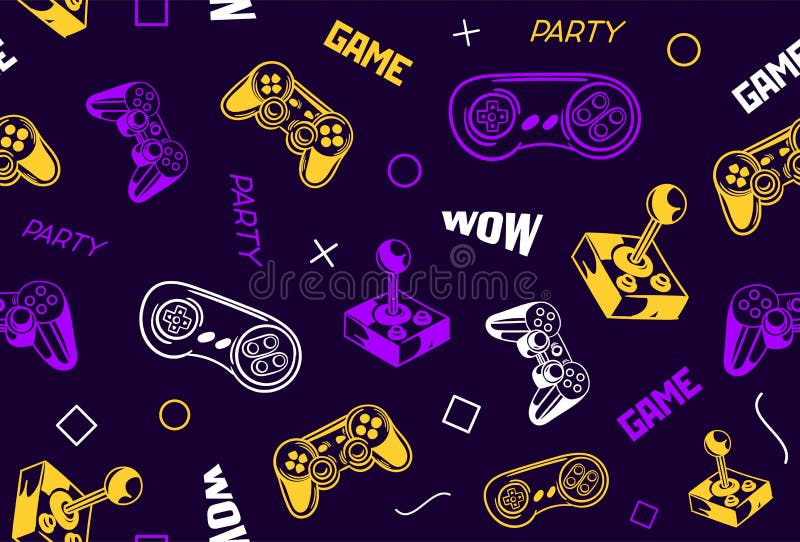 Game seamless pattern. Repeating design element for printing on fabric. Controller, gamepad and joystick, party and entertainment, fun. Video games and consoles. Cartoon flat vector illustration