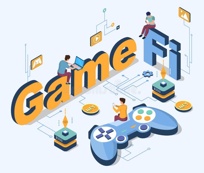 Gamefi-koncept. blockkedjevektor 3d isometrisk förhandsgranskning. kryptografitoken och fungibel finansiering. människor tjänar royaltyfri illustrationer