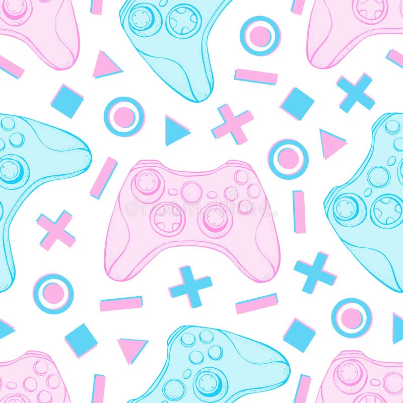 Gamepad joystick game controller seamless pattern. Devices for video games, esports, gamer on white background. Hand