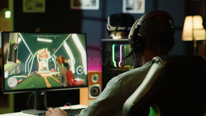 Gamer feeling upset after being defeated by rival players in game stock photography