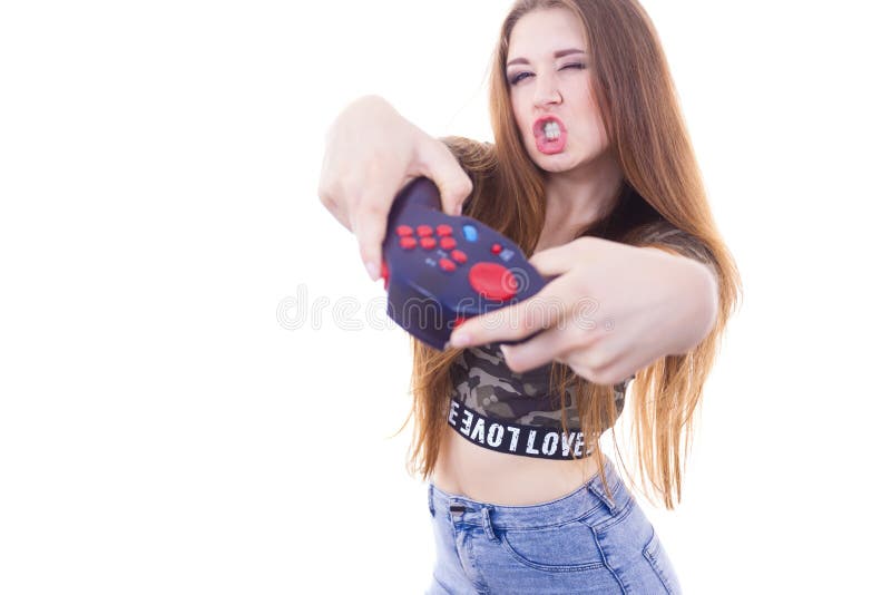 Gamer kobiety mienia hazardu ochraniacz obraz stock Gamer kobiety mienia hazardu ochraniacz obraz stock