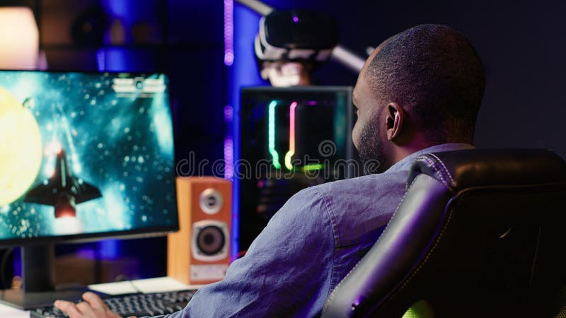 Player navigating videogame galaxy, exploding enemies stock photos