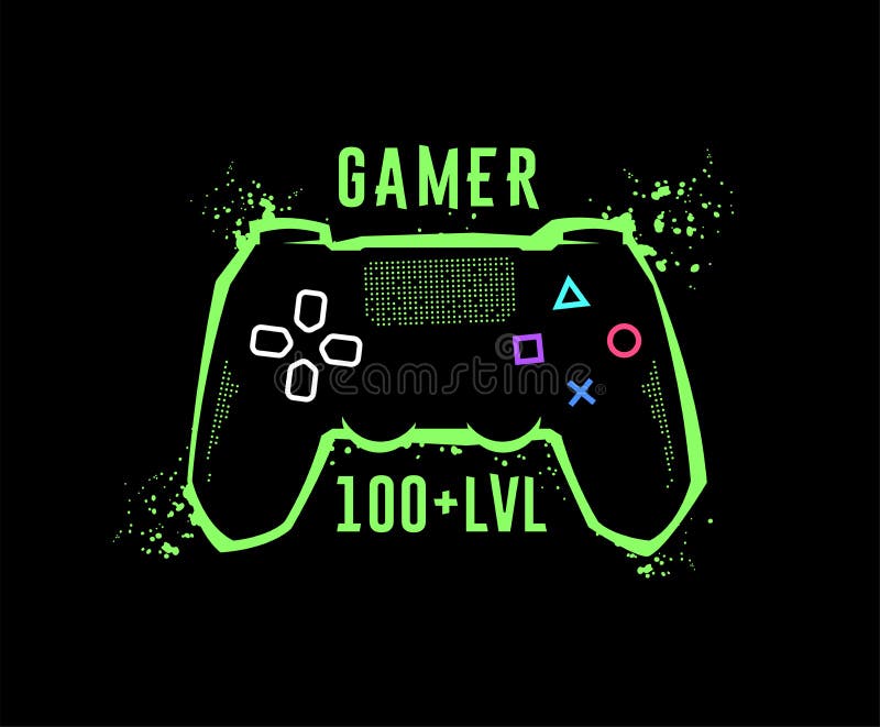 Gamer 100-niveau Gamepad-embleem, T-shirt grafische kaart Vectorillustratie
