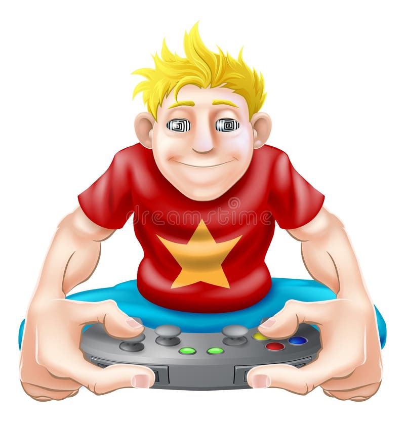 A Cartoon Gamer Having Fun Playing Video Games Royalty Free SVG