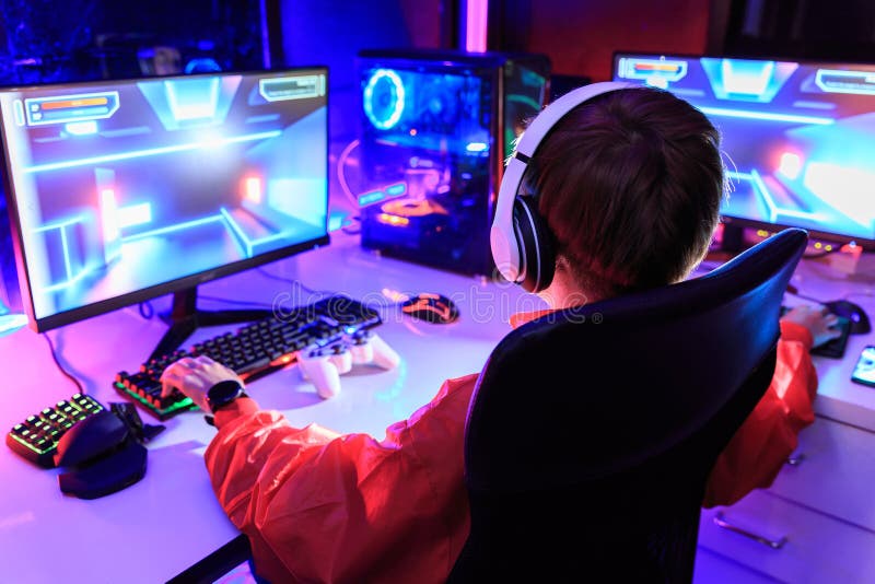 Gamer Playing Online Game on PC in Dark Room Stock Photo - Image of online,  colorful: 213130418