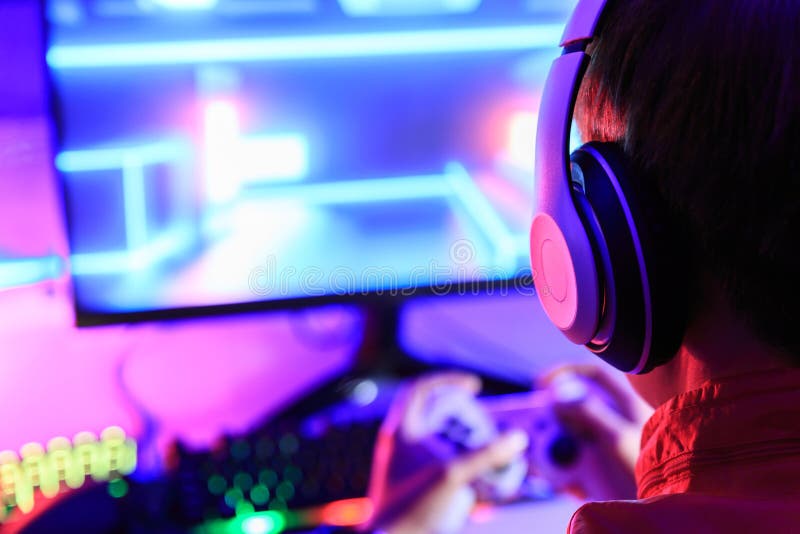 Gamer Playing Online Game on PC in Dark Room Stock Photo - Image of online,  colorful: 213130418