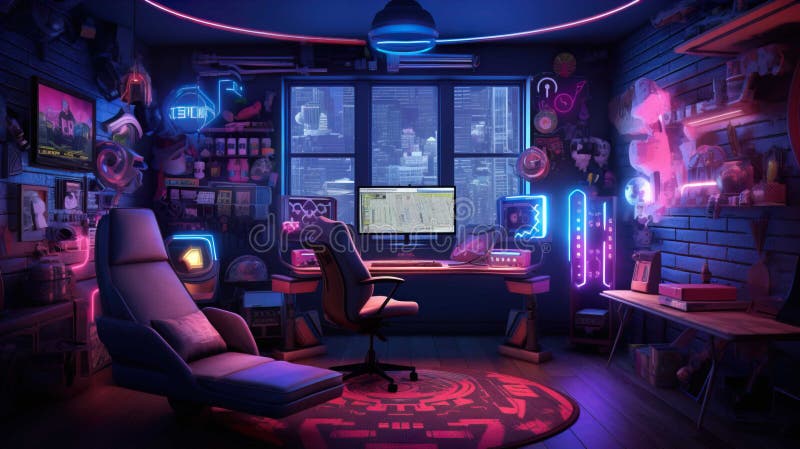 Gamer Room ,Interior of a Gamer Room Lit with Neon Lights Generate AI ...