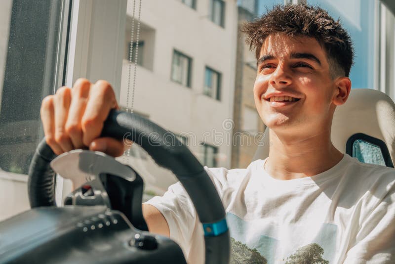Gamer with Steering Wheel Playing Stock Photo Image of race, technology 239616342