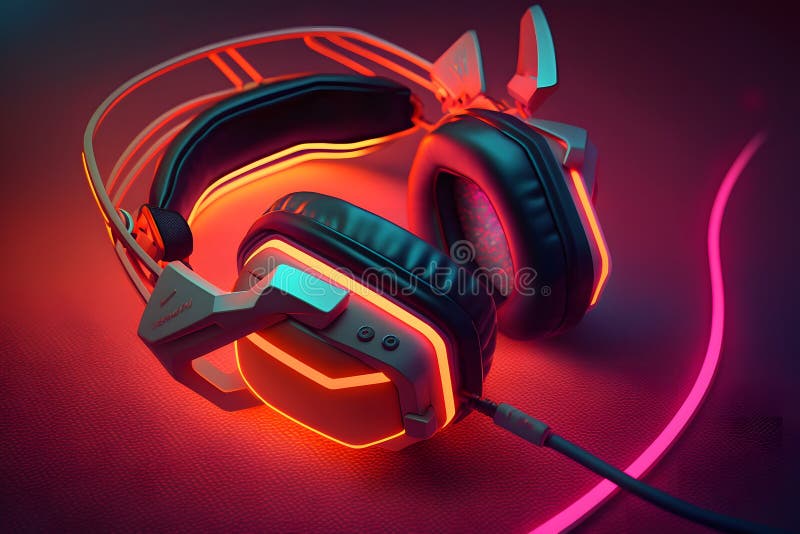 Gaming Headphones and Neon Lighting. Neural Network AI Generated Stock