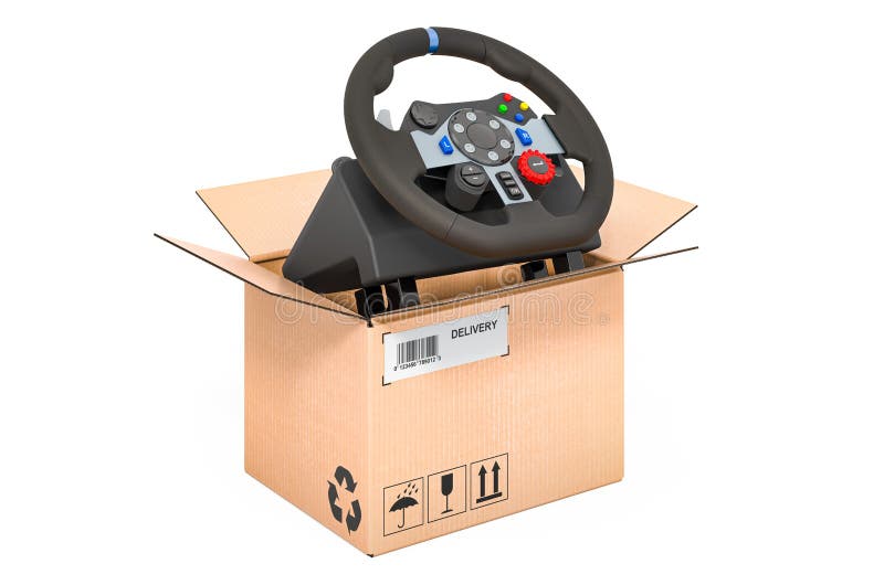 Gaming Steering Wheel Inside Cardboard Box, Delivery Concept. 3D