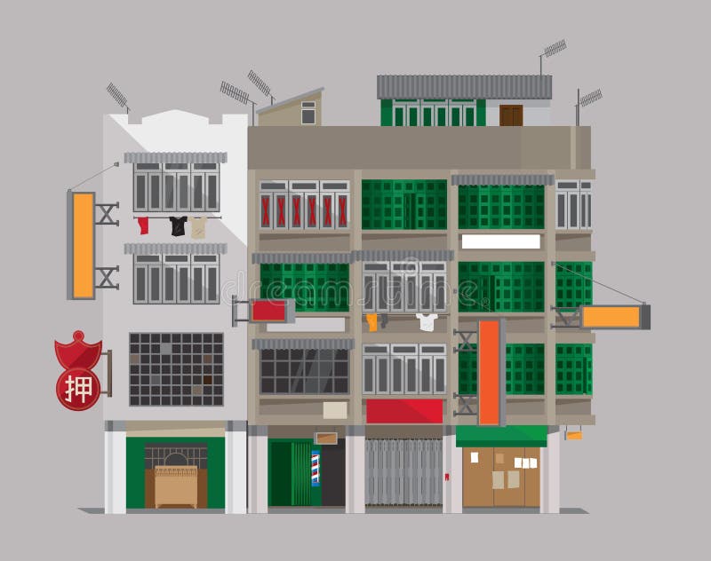Gamla en Hong Kong-stil hyreshusar royaltyfri illustrationer