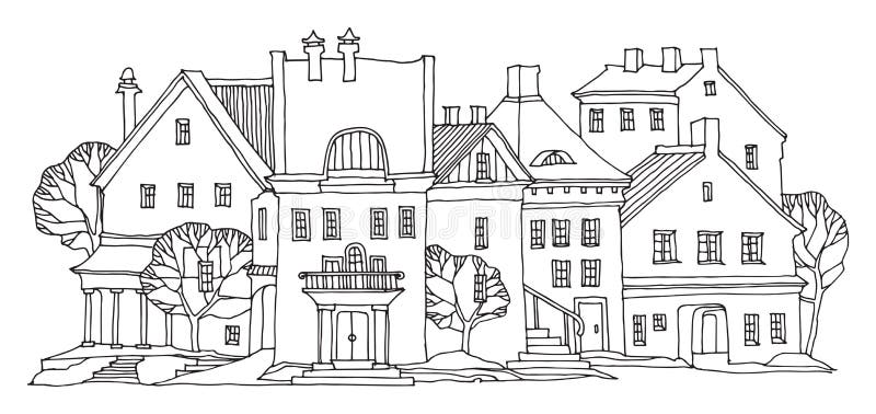 Gamla hem för stadstadsgata skissar stock illustrationer Gamla hem för stadstadsgata skissar stock illustrationer