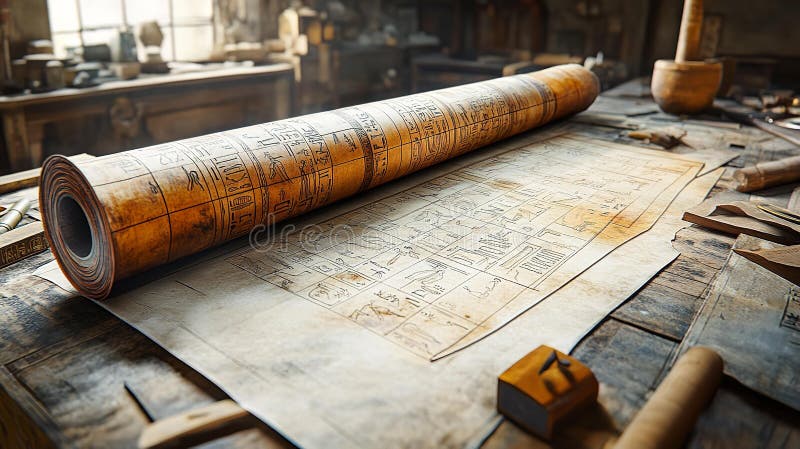 Gamla rullar med text och religiösa hymner historisk vetenskap och upptäcktningskoncept stock illustrationer