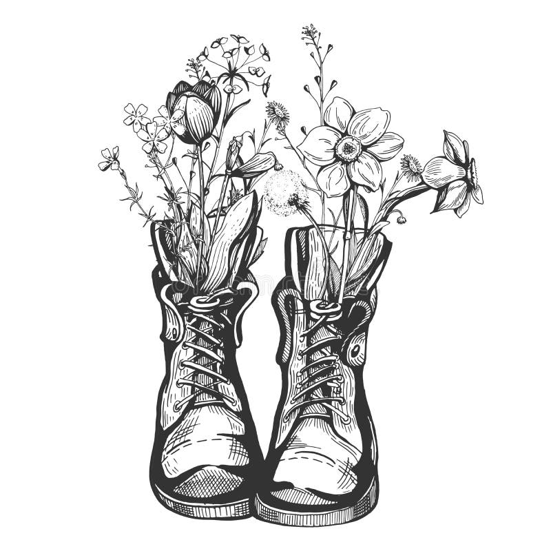 Gamla tappningkängor som fylls med lösa blommor stock illustrationer