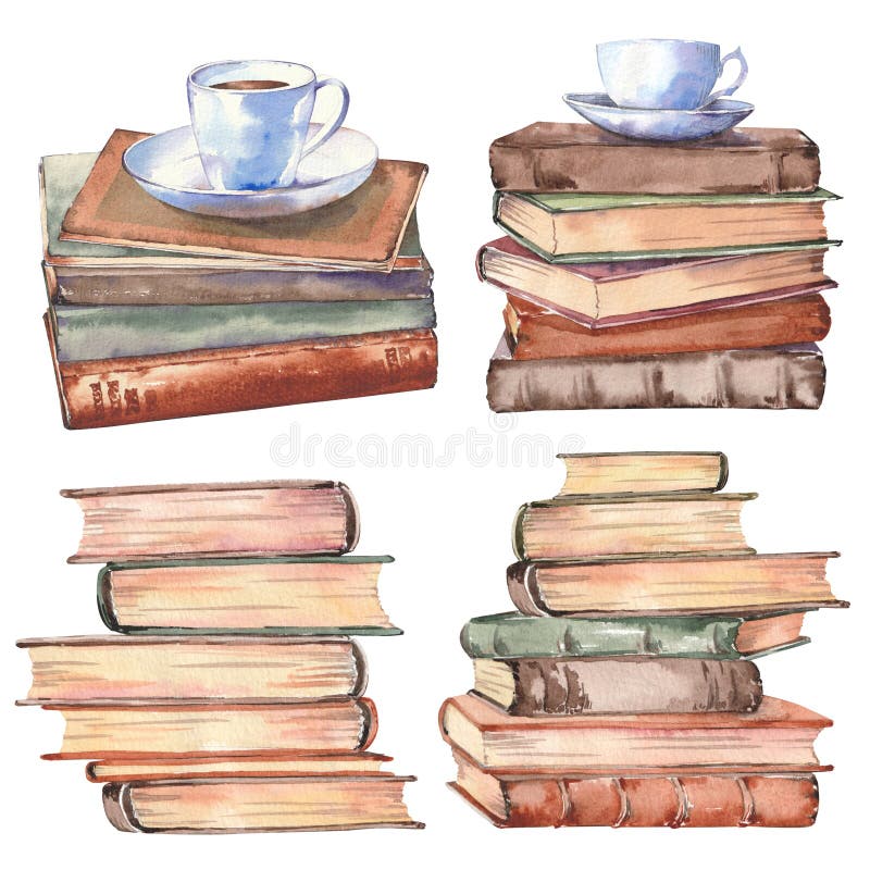 Set of old books with a coffee cups on the top. Watercolor illustration isolated on white background. Set of old books with a coffee cups on the top. Watercolor illustration isolated on white background.