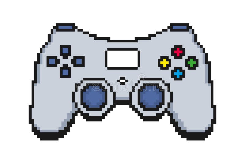 Gamma di pixel o joystick. Icona del controller di gioco sovrapposta con pulsanti e punte. illustrazione vettoriale