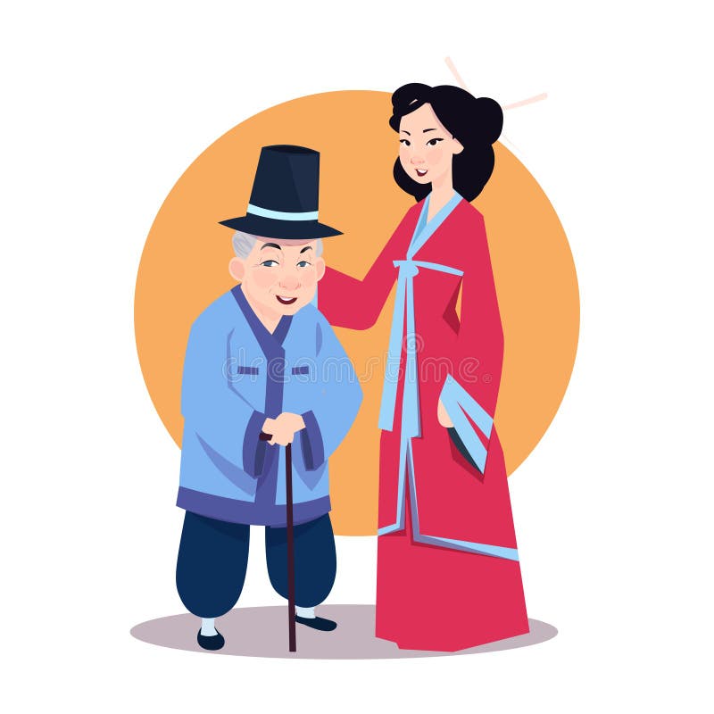 Gammal asiatisk man med den unga kvinnan i koreanska tecken för japansk kimono som bär traditionell kläder vektor illustrationer Gammal asiatisk man med den unga kvinnan i koreanska tecken för japansk kimono som bär traditionell kläder vektor illustrationer