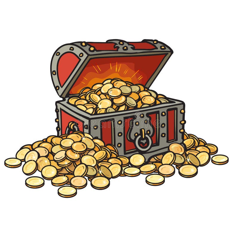 Gammal bröstkorg med guld- mynt Högar av mynt omkring Illustration för vektor för tecknad filmstil hand dragen royaltyfri illustrationer Gammal bröstkorg med guld- mynt Högar av mynt omkring Illustration för vektor för tecknad filmstil hand dragen royaltyfri illustrationer