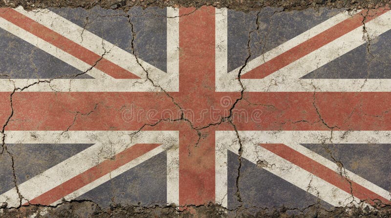 Old grunge vintage dirty faded shabby distressed UK Great Britain national flag background on broken concrete wall with cracks. Old grunge vintage dirty faded shabby distressed UK Great Britain national flag background on broken concrete wall with cracks