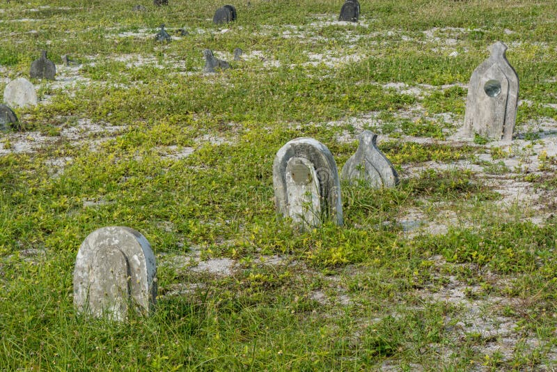 Gammal kuslig gravplats med gravar på den tropiska lokala ön Maamigili royaltyfria bilder Gammal kuslig gravplats med gravar på den tropiska lokala ön Maamigili royaltyfria bilder
