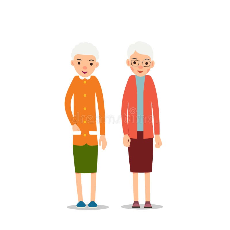 Gammal kvinna Pensionär två, äldre kvinnor står med att sloka händer, ca stock illustrationer Gammal kvinna Pensionär två, äldre kvinnor står med att sloka händer, ca stock illustrationer