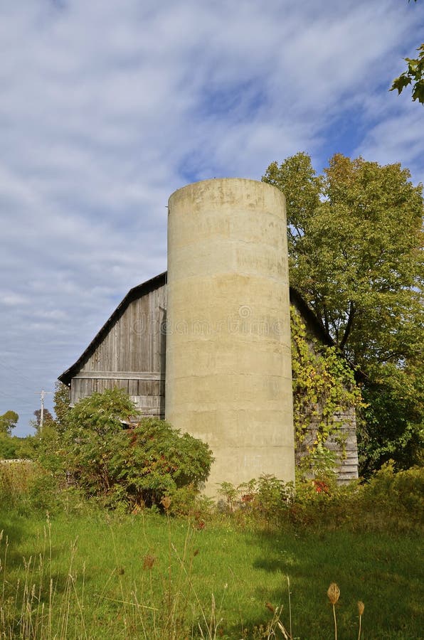 Gammal silo och övergiven ladugård royaltyfri bild