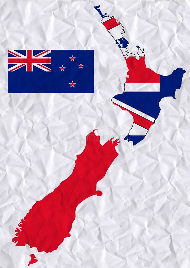 Gammalt skrynkligt papper för vektor med vattenfärgmålning av den nya Zeland flaggan och översikten vektor illustrationer Gammalt skrynkligt papper för vektor med vattenfärgmålning av den nya Zeland flaggan och översikten vektor illustrationer