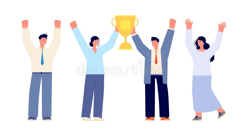 Ganador del equipo de oficina. joven empresaria ganadora de un trofeo feliz mujer. persona entrega caricatura de un grupo de hombr libre illustration
