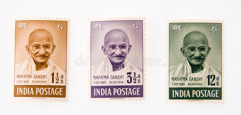 Three Indian postage stamps of Gandhi, the great Indian freedom fighter and advocate of non-violence