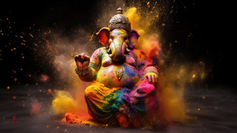 A Ganesha in Holi Dust Splash on Dark Background. Generative Ai Stock ...