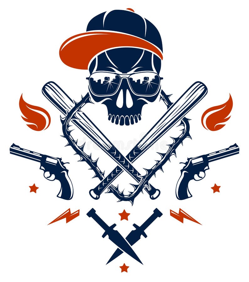 Gangster Emblem Logo or Tattoo with Aggressive Skull Baseball Bats and ...