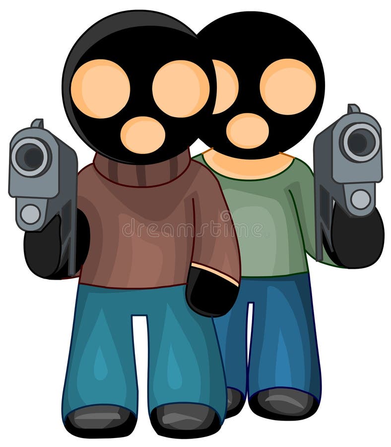 Ilustrácia z dvoch zločincov v čiernej masky, zbrane, izolované na bielom pozadí.