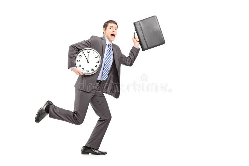 Full length portrait of a busy businessperson running late with wall clock and briefcase isolated on white background. Full length portrait of a busy businessperson running late with wall clock and briefcase isolated on white background