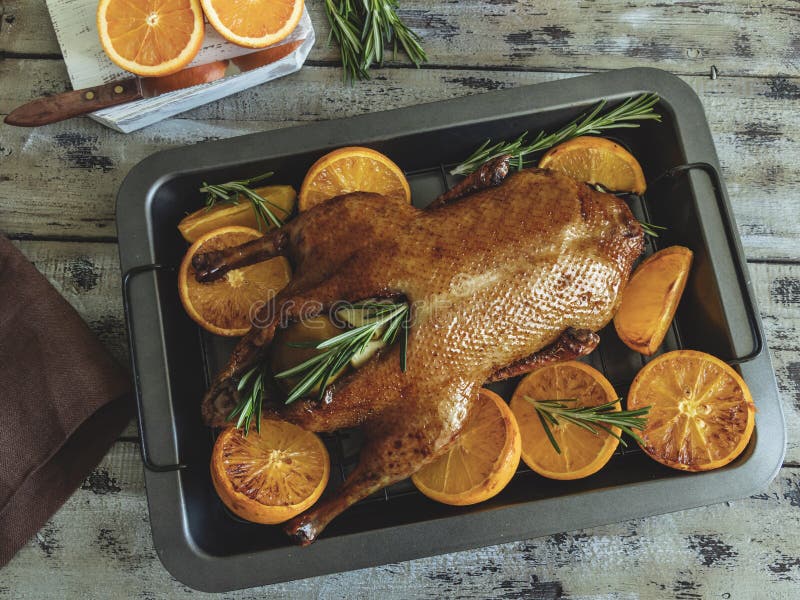 Ganzer Entenbraten mit den Orangen, angef? llt mit? pfeln und Rosmarin auf einem Backblech stockbilder
