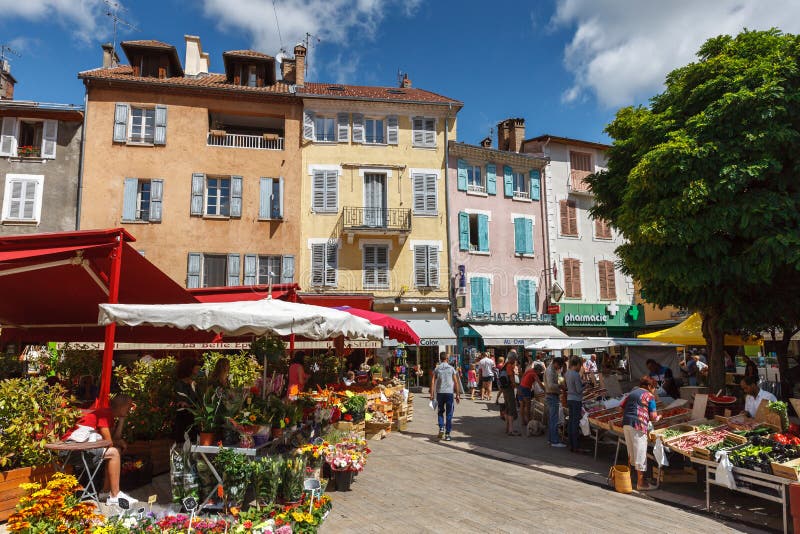Gap, Hautes-Alpes. Summer local market on Place aux Herbes royalty free stock image Gap, Hautes-Alpes. Summer local market on Place aux Herbes royalty free stock image