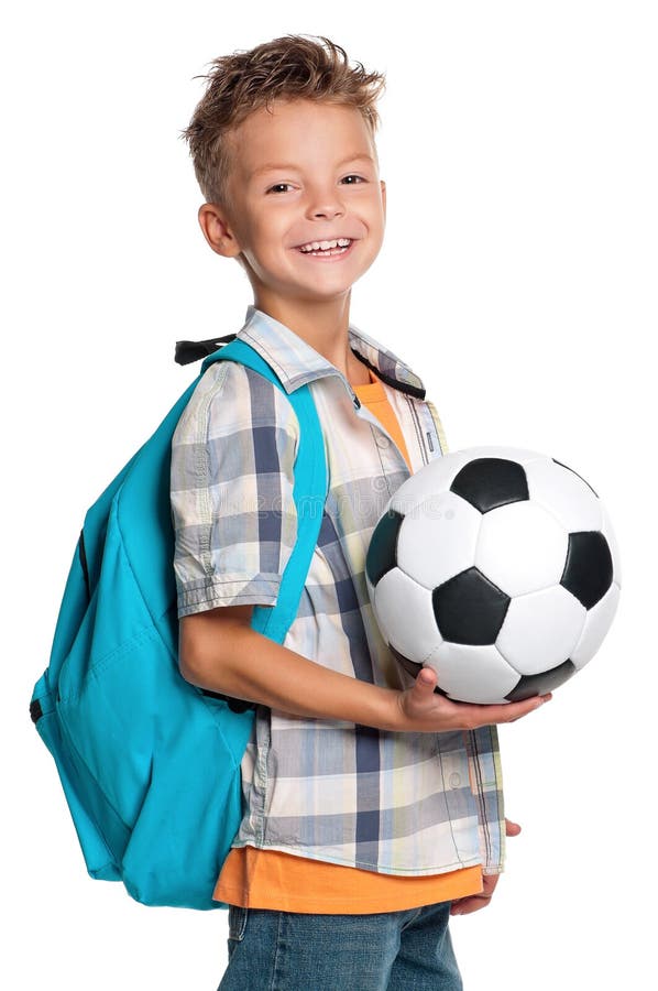 Enfant Avec Le Sac à Dos Tenant Un Football Image stock - Image du sourire,  personne: 41920193