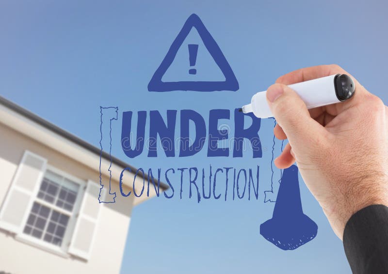 Garabato de la construcción del dibujo de la mano contra casa y el cielo imágenes de archivo libres de regalías Garabato de la construcción del dibujo de la mano contra casa y el cielo imágenes de archivo libres de regalías