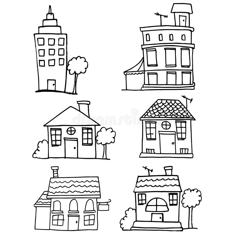 Garabato del sistema de la casa y del edificio stock de ilustración Garabato del sistema de la casa y del edificio stock de ilustración