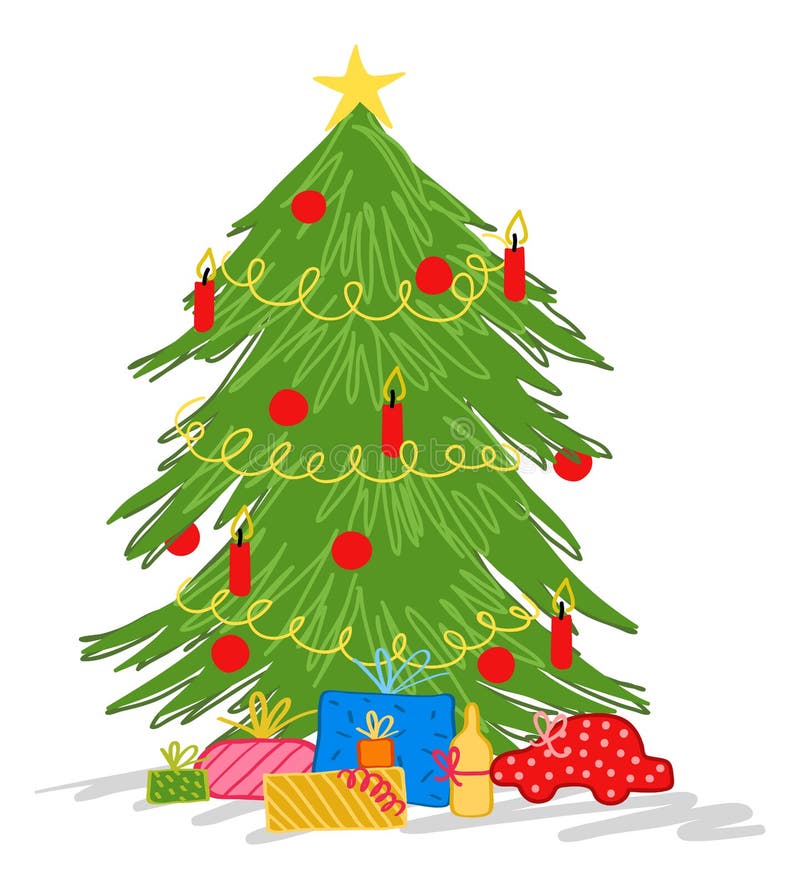 Garabato del árbol de navidad, dibujo colorido del vector, árbol adornado con las velas, las chucherías de la Navidad y los prese ilustración del vector Garabato del árbol de navidad, dibujo colorido del vector, árbol adornado con las velas, las chucherías de la Navidad y los prese ilustración del vector
