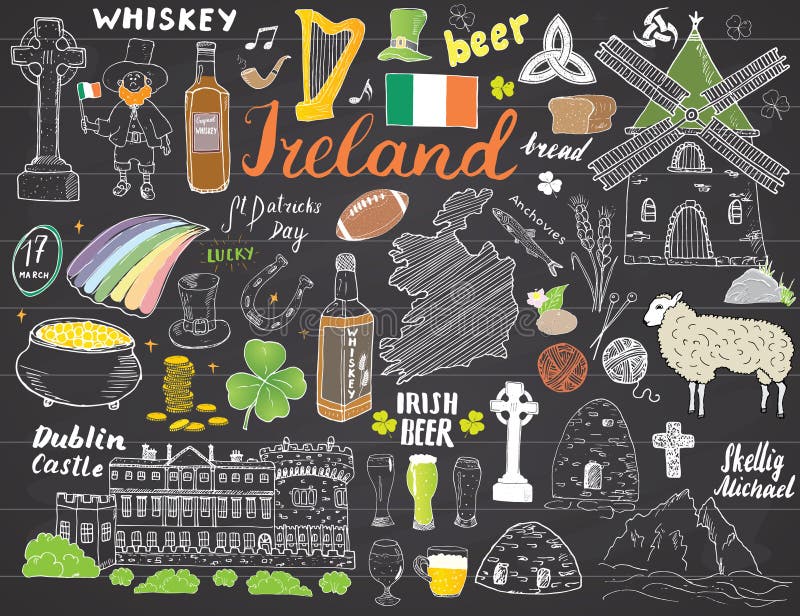 Garabatos del bosquejo de Irlanda Dé el sistema de elementos irlandés exhausto con la bandera y el mapa de Irlanda, cruz céltica, ilustración del vector Garabatos del bosquejo de Irlanda Dé el sistema de elementos irlandés exhausto con la bandera y el mapa de Irlanda, cruz céltica, ilustración del vector