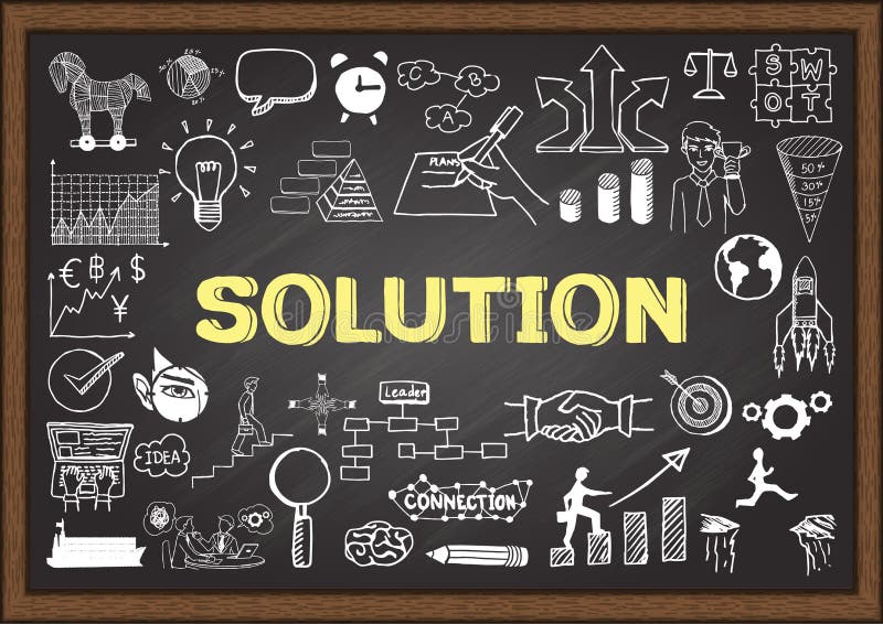 Garabatos del negocio en la pizarra con concepto de la solución libre illustration Garabatos del negocio en la pizarra con concepto de la solución libre illustration