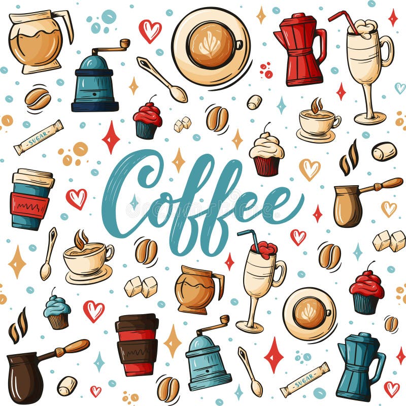 Garabatos a mano de la historieta a propósito del café, modelo inconsútil del tema de la cafetería Detallado colorido, con las po libre illustration Garabatos a mano de la historieta a propósito del café, modelo inconsútil del tema de la cafetería Detallado colorido, con las po libre illustration