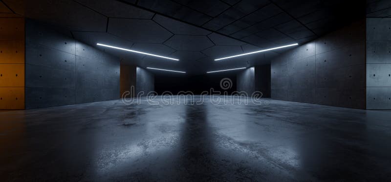 Garage Cement  Sci Fi Concrete Grunge Dark Underground Studio hangar Parking Car Showroom Orange Blue Lights Modern Background