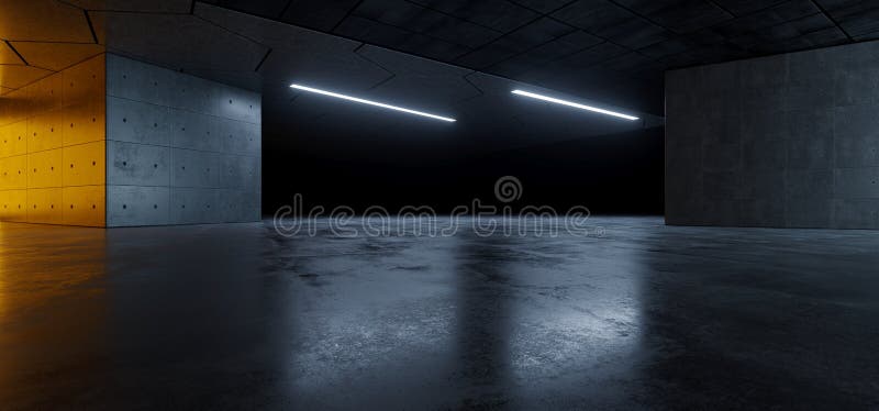 Garage Cement  Sci Fi Concrete Grunge Dark Underground Studio hangar Parking Car Showroom Orange Blue Lights Modern Background