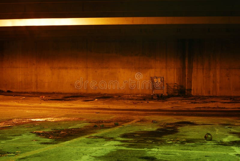 Deserted parking lot garage. Shot at night with long exposure. Single shopping cart deserted. Deserted parking lot garage. Shot at night with long exposure. Single shopping cart deserted.