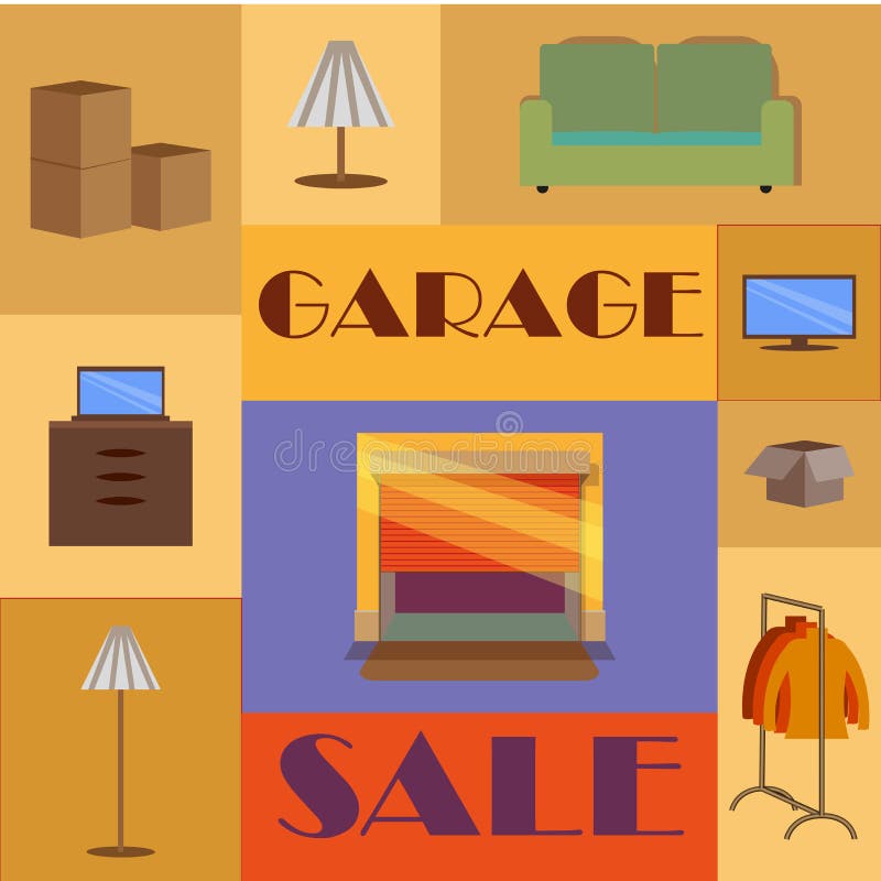 Garage eller gård Sale med tecken-, ask- och hushållobjekt royaltyfri illustrationer Garage eller gård Sale med tecken-, ask- och hushållobjekt royaltyfri illustrationer