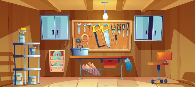 Garage interior with instruments for repair works