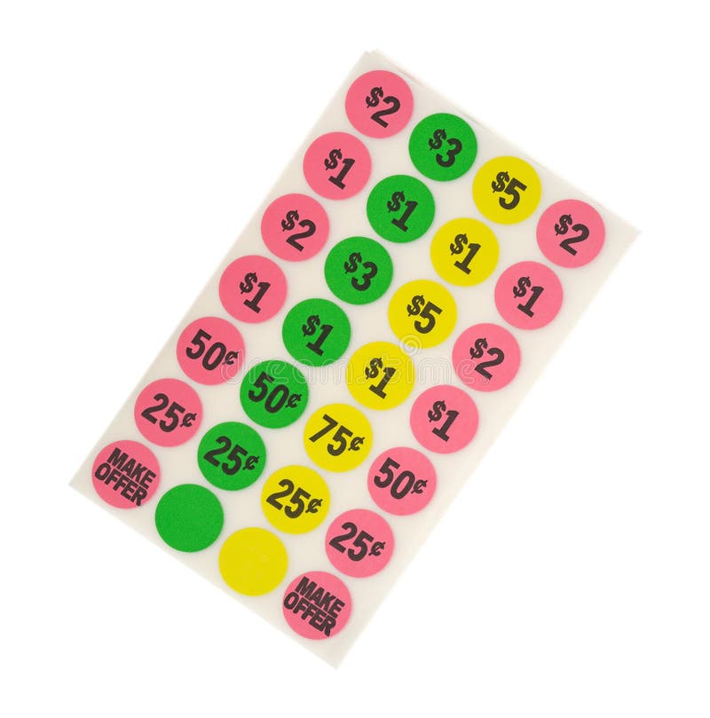 Garage Sale Stickers with Yellow Five Dollar in Center Stock Photo